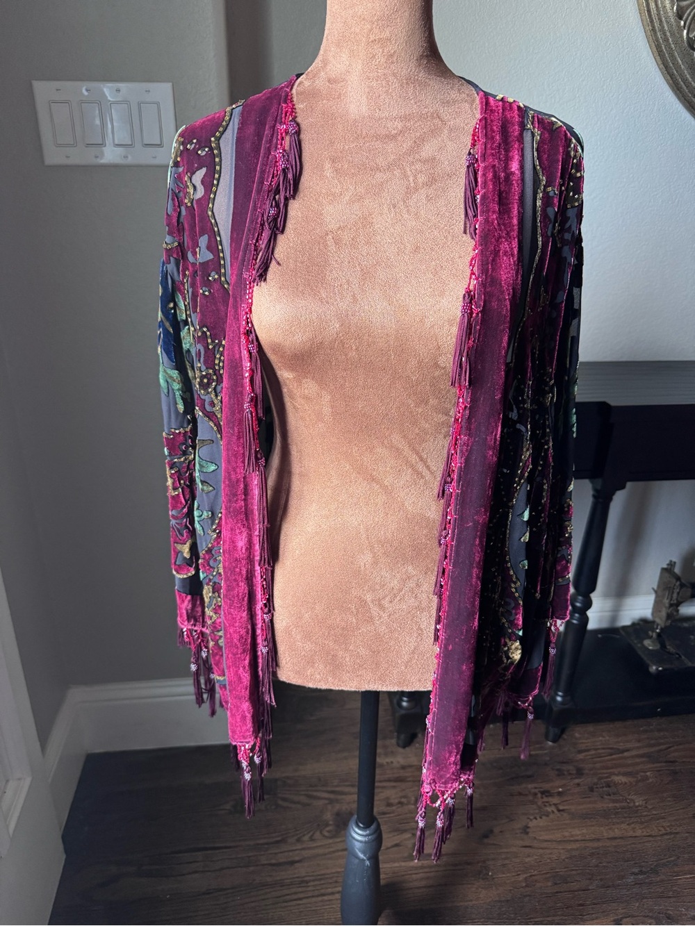 R&K Evening Silk Burnout Velvet Beaded Kimono Duster Jacket S/M Vintage - Picture 3 of 16